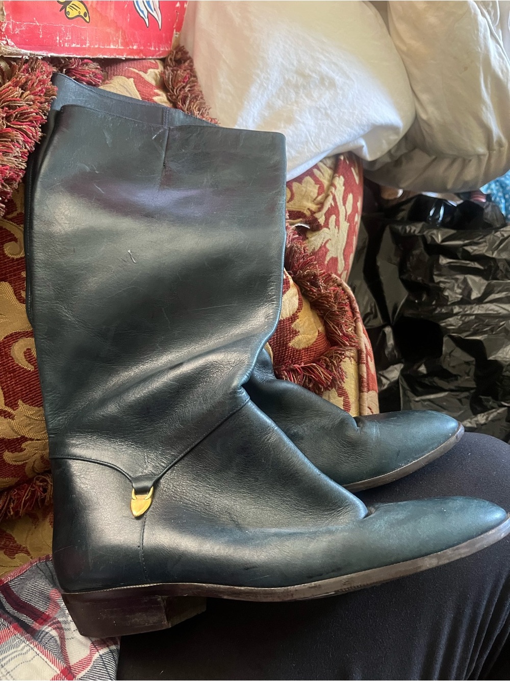 Etienne Aigner Black Leather Mid-Calf Boots with Gold Accent